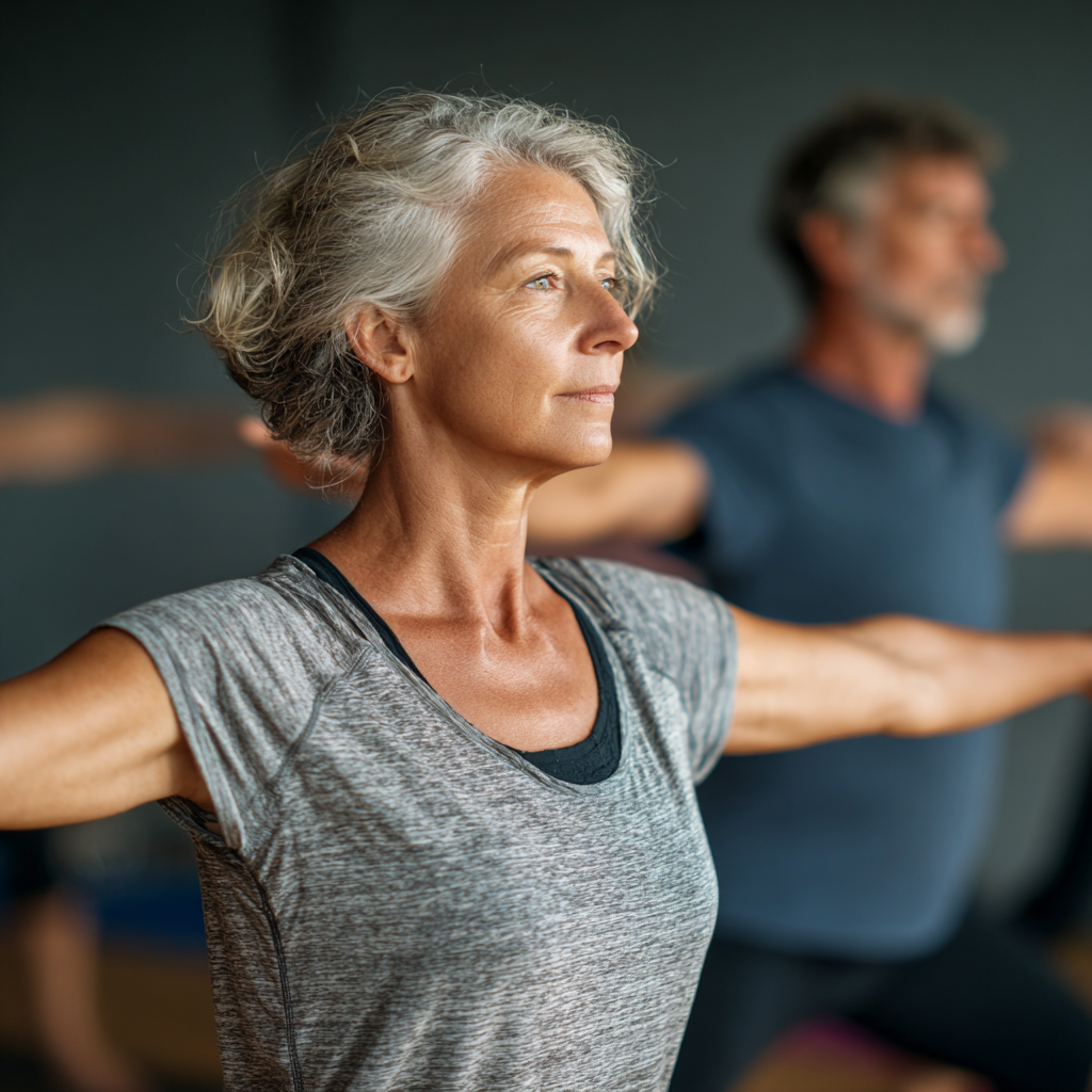 middle-aged woman practicing stability exercises with focused posture