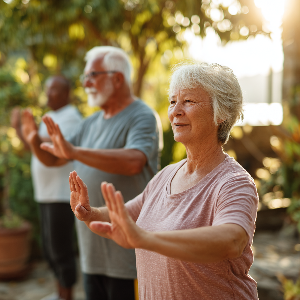 older adults practicing gentle movement exercises in natural outdoor setting